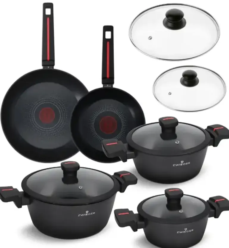 ZWIEGER RED LINE Komplet garnków z pokrywkami 18, 20, 24 cm + Patelnie 20, 28 cm + Pokrywki szklane