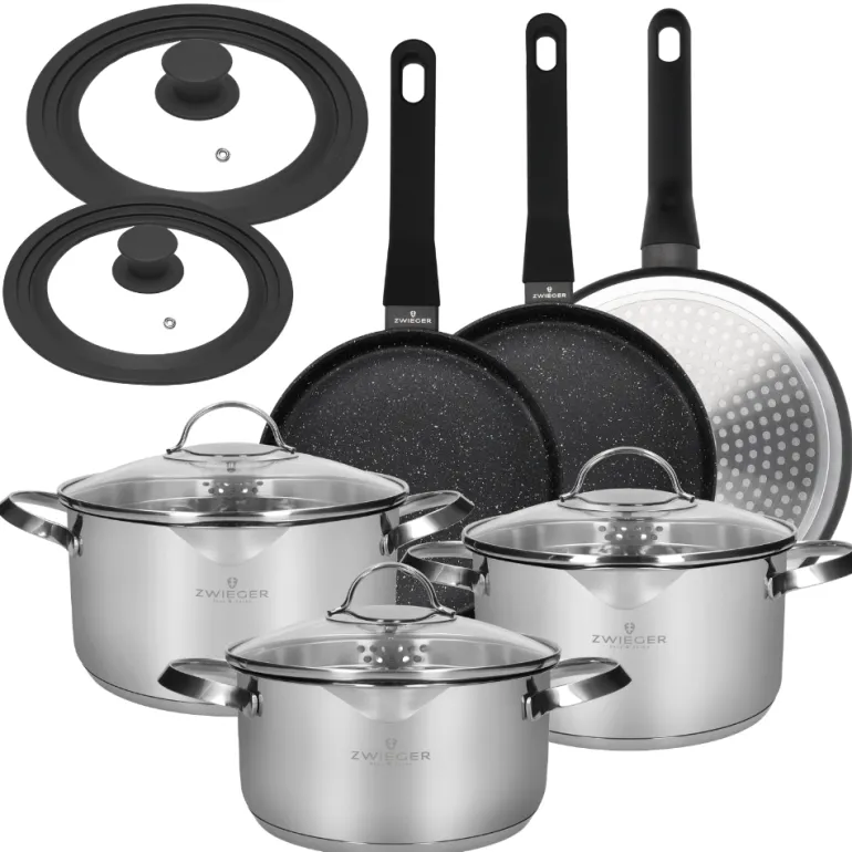 ZWIEGER VERON Komplet garnków 6 el z pokrywkami 20, 22, 24 cm + Patelnie 20, 24, 28 cm + Pokrywki uniwersalne