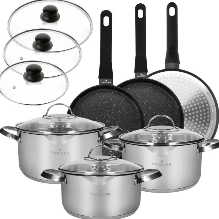 ZWIEGER VERON Komplet garnków 6 el z pokrywkami 20, 22, 24 cm + Patelnie 20, 24, 28 cm + Pokrywki szklane
