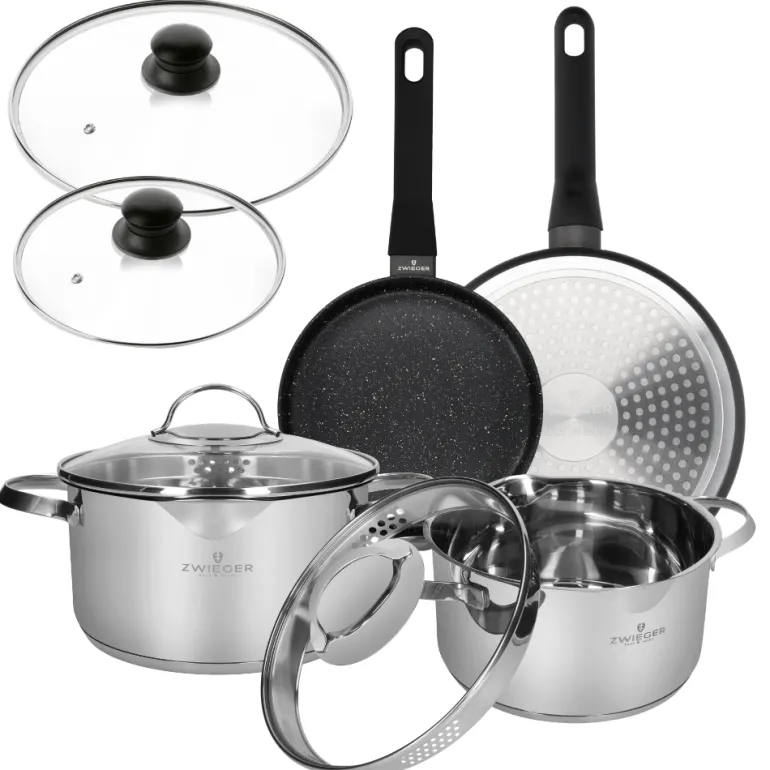 ZWIEGER VERON Komplet garnków z pokrywkami 22, 24 cm + 2 patelnie + pokrywki uni / stal nierdzewna