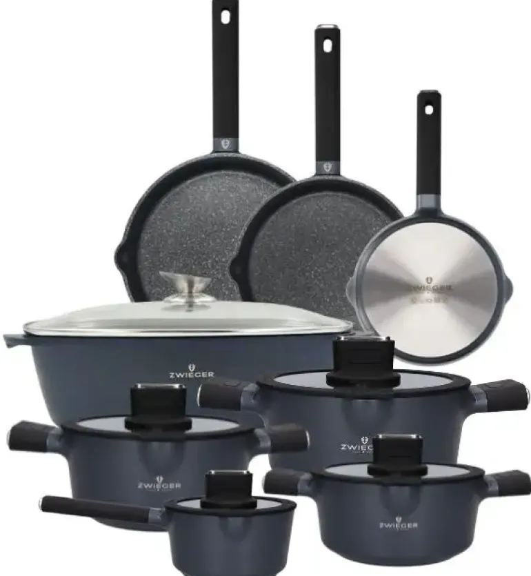 ZWIEGER VESNA Komplet 3 garnków z pokrywkami + Rondel 16 cm + Patelnie 20, 24, 28 cm + Brytfanna VERON / non-stick / indukcja