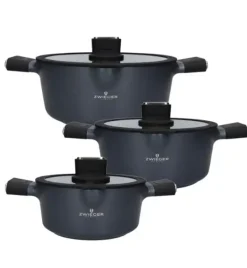 ZWIEGER VESNA Komplet 3 garnków z pokrywkami + Rondel 16 cm + Patelnie 20, 24, 28 cm + Brytfanna VERON + Pokrywki silikonowe KAIA HOME